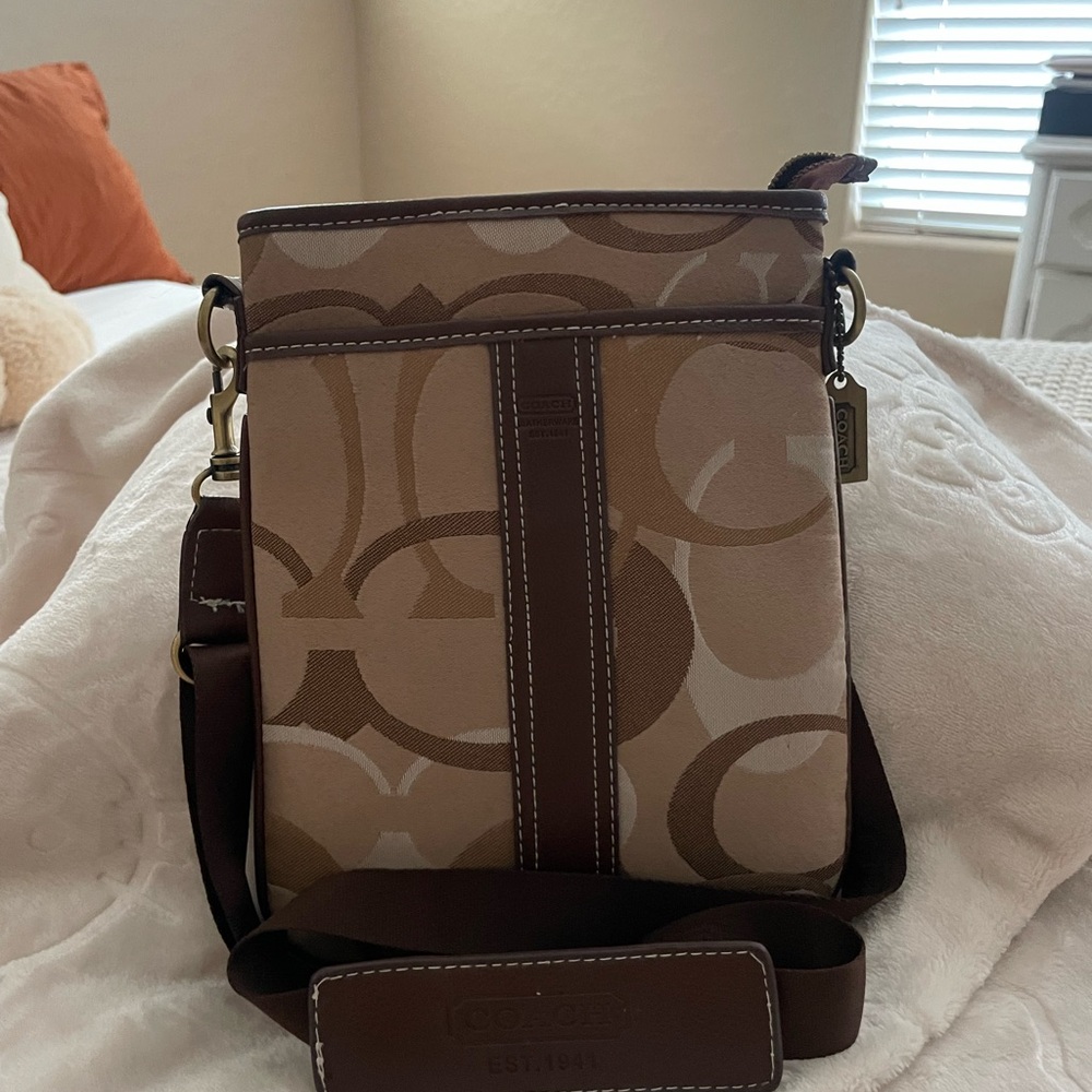 Coach Signature Brown and Cream Crossbody Bag